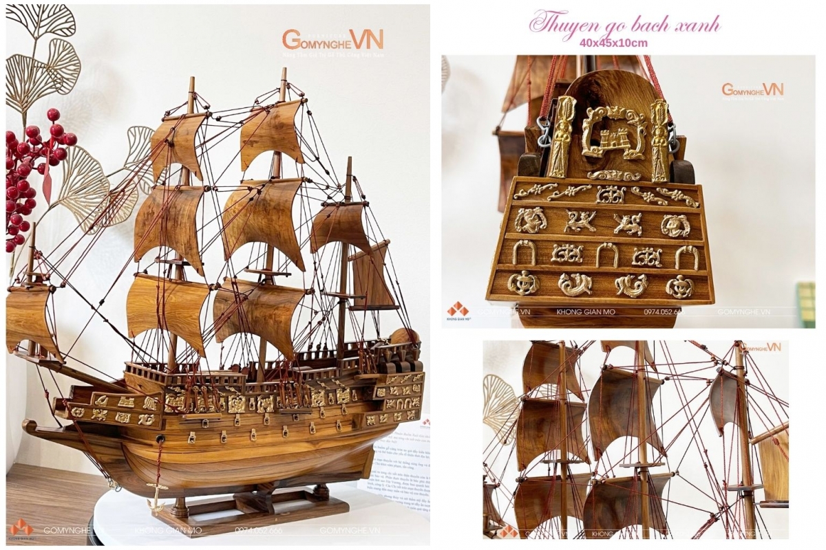 Mô hình thuyền buồm phong thủy gỗ bách xanh kích thước 40x45x10cm, thiết kế cổ điển với thân tàu nhiều tầng, cánh buồm và hệ thống dây chằng chi tiết, phù hợp trang trí bàn làm việc, ô tủ, kệ sách và phòng khách.