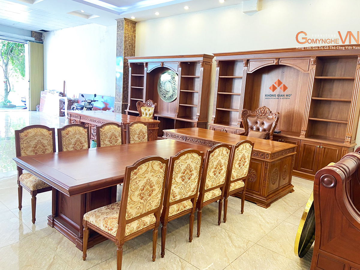 Bộ bàn ghế hopk với ghế họp bọc da gỗ gõ đỏ