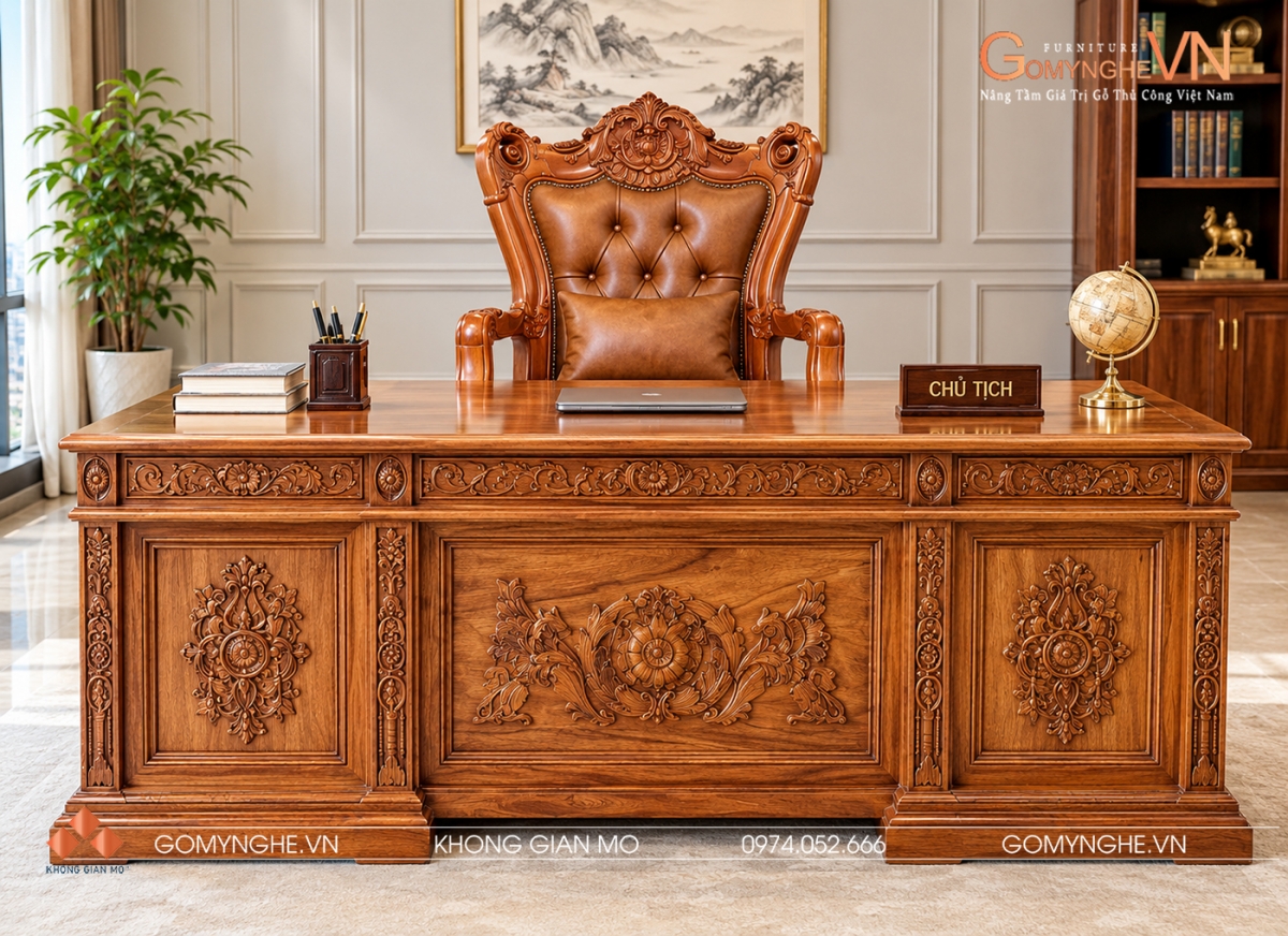 Ghế lãnh đạo chủ tịch kết hợp bàn làm việcmẫu điểu sư ế lãnh đạo, ghế Chủ tịch bằng gỗ gõ đỏ nhập khẩu, thiết kế bề thế, chạm thủ công tinh tế, bọc da nâu sang trọng. Kích thước 86 x 65 x 133cm, sản xuất tại xưởng Gỗ Mỹ Nghệ Bắc Ninh, phù hợp phòng lãnh đạo, văn phòng cao cấp và biệt thự.