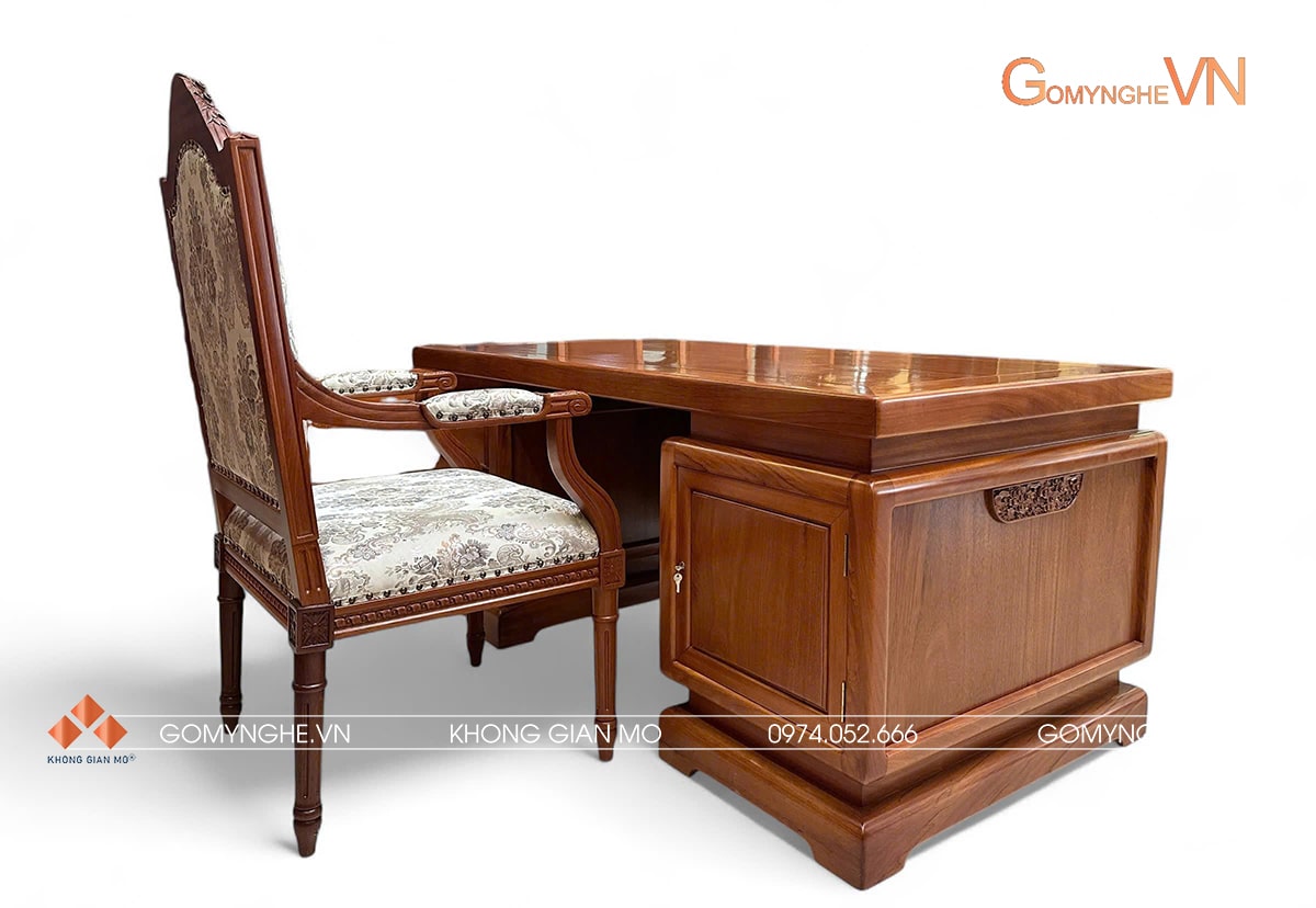 Bàn làm việc gỗ gõ đỏ mẫu hiện đại kích thước 1970 x 1070 x 790 mm, vân gỗ tự nhiên, kết cấu chắc chắn, phù hợp phòng làm việc cao cấp