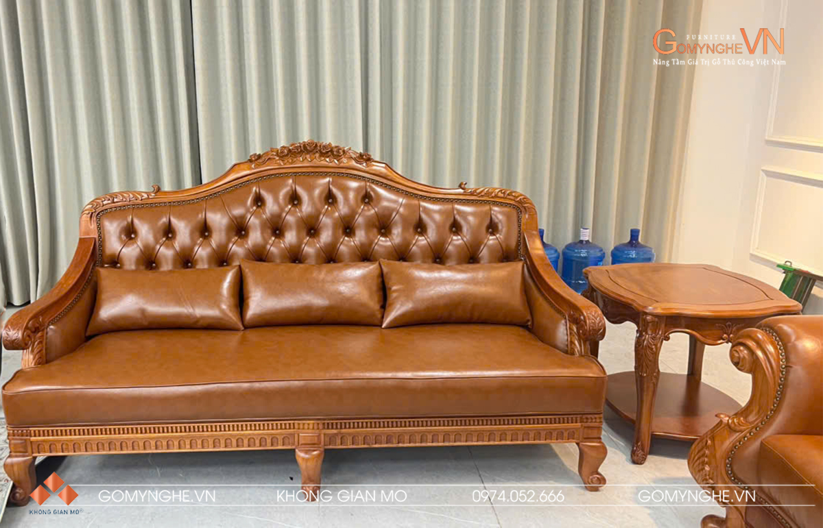 Bộ sofa Hoàng Gia tân cổ điển gỗ gõ đỏ bọc da Microfiber Pcarola màu nâu bò
