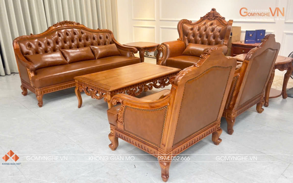 Bộ sofa tân cổ điển gỗ gõ đỏ bọc da Microfiber Pcarola, thiết kế chạm hoa văn đồng bộ