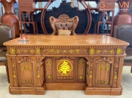 Bàn làm việc  Giám đốc Gỗ tự nhiên khắc logo, dát vàng  3 mặt