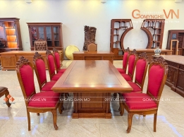 Bàn Ghế Họp Gỗ Gõ Đỏ Tự Nhiên  – Ghế Nỉ Đỏ Sang Trọng, Bền Đẹp