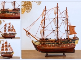 Mô Hình Thuyền Buồm Gỗ Trắc Buồm Gỗ Hương 40cm Trang Trí Bàn Làm Việc