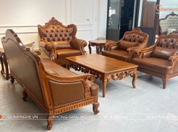 Bộ Sofa Hoàng Gia Tân Cổ Điển Gỗ Gõ Đỏ Bọc Da Microfiber Pcarola
