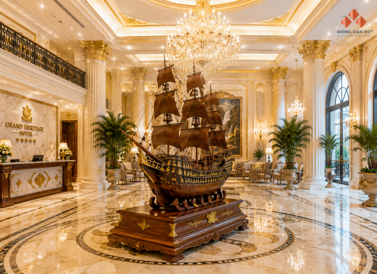 sảnh khách sạn decor thuyền kích thước lớn tạo điểm nhấn nổi bật ứng dụng mô hình thuyền siêu lớn tỏng không gian